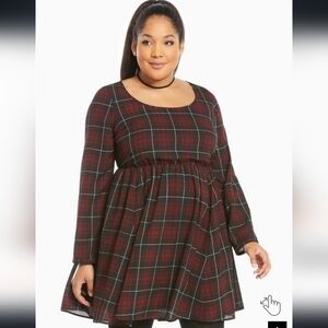 Torrid Mini Georgette Skater Dress Size 3 22/24 red plaid strap back long sleeve